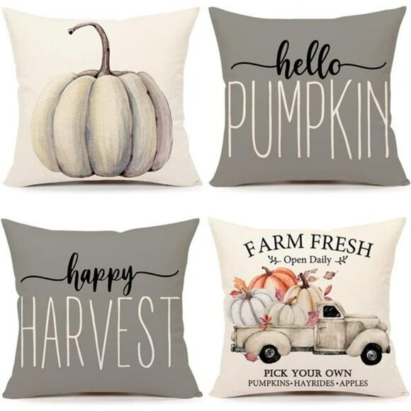 18x18 Set of 4 Gray Pumpkin Pillow Case for Fall Thanksgiving Home Decorative - Picture 2 of 5